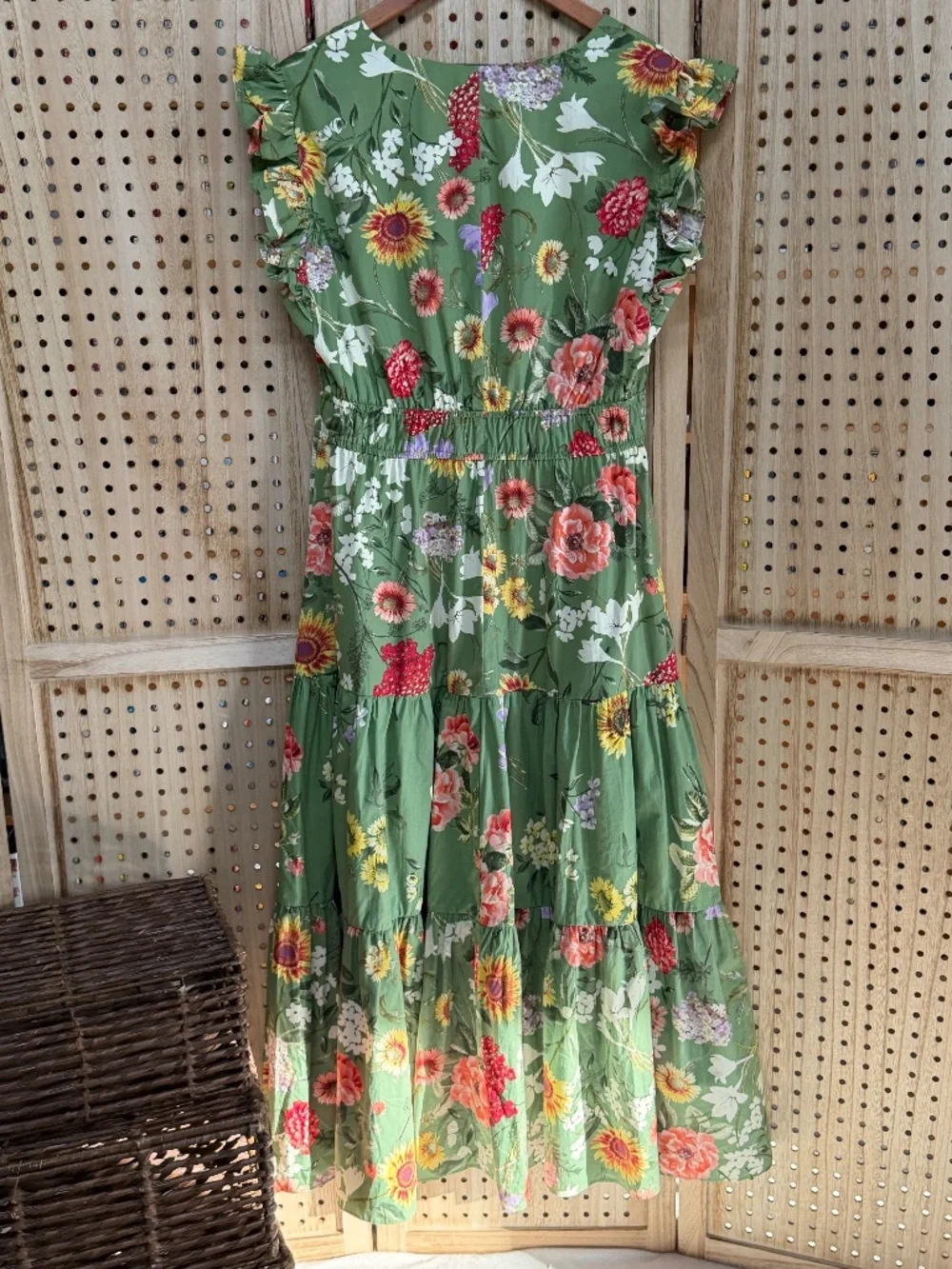 Anne Klein Green Floral Tiered Midi Dress Cottagecore Garden Party Large - Picture 8 of 13